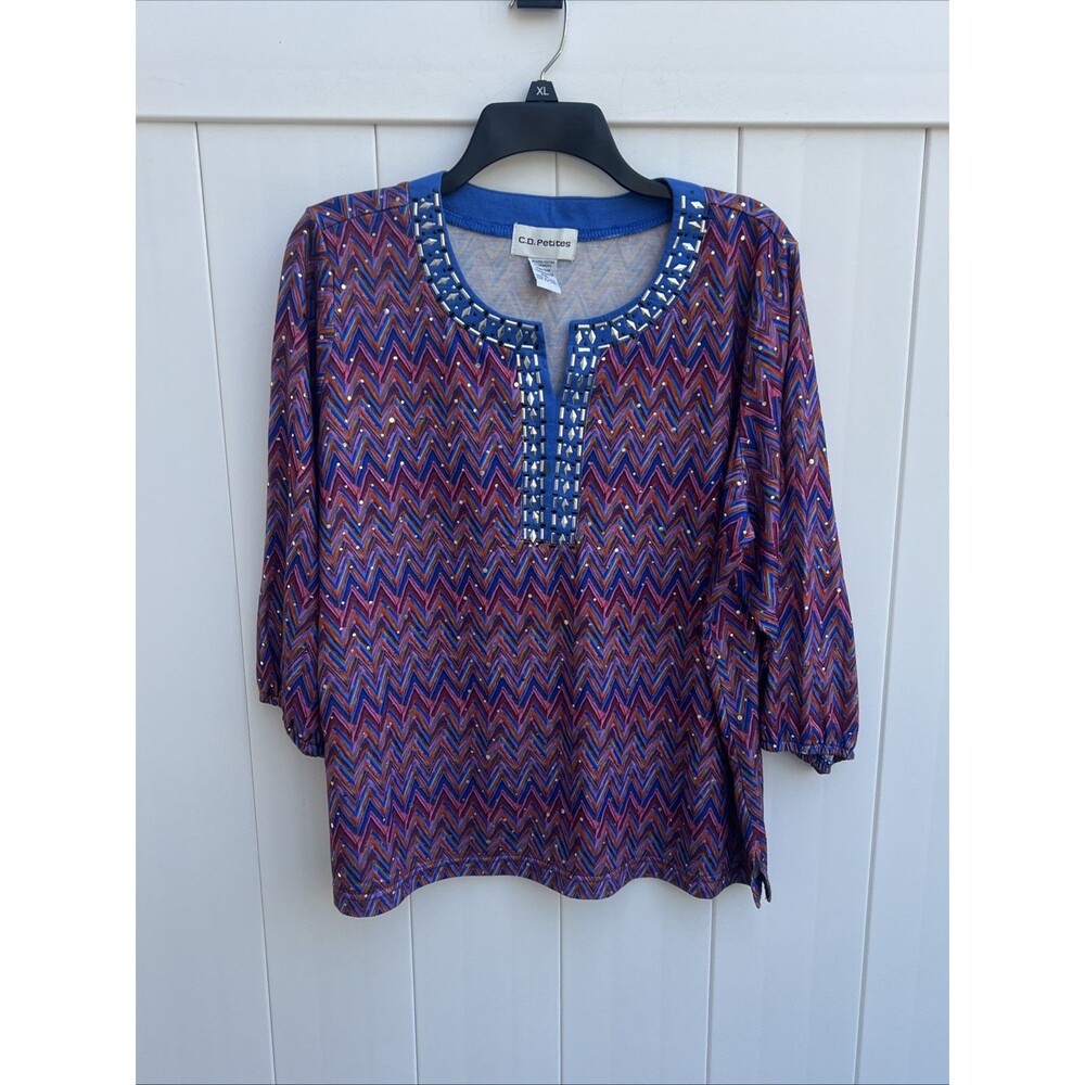 C.D Petites Womens Top 3/4 Sleeve Sz PXL Multicolor Embellished